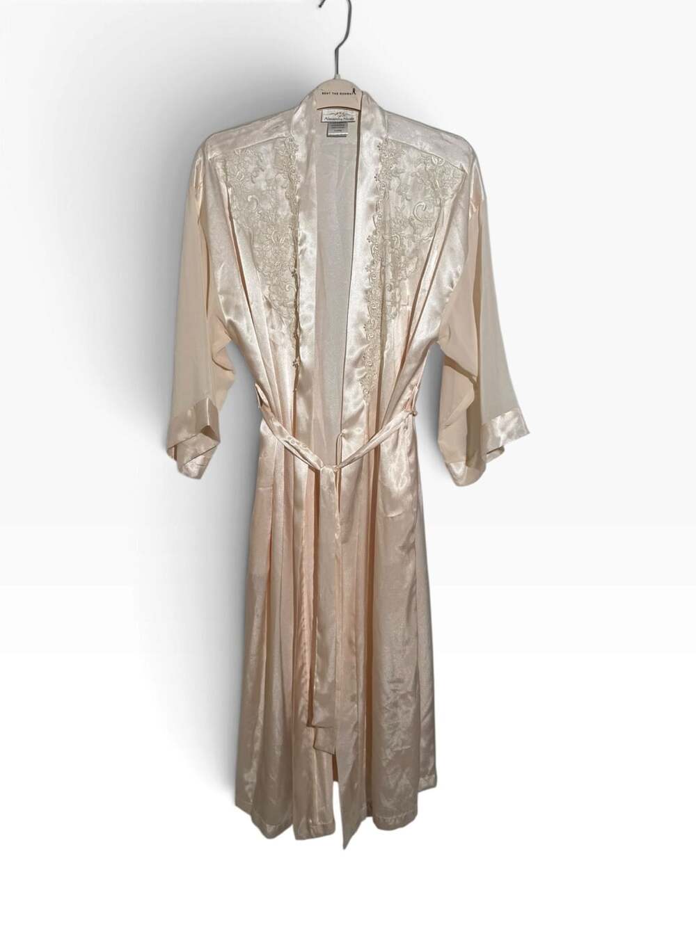 Alexandra Nicole Cream Satin Sheer Lace Sleeve Maxi Belted Womens XL⁠ Bridal Rob